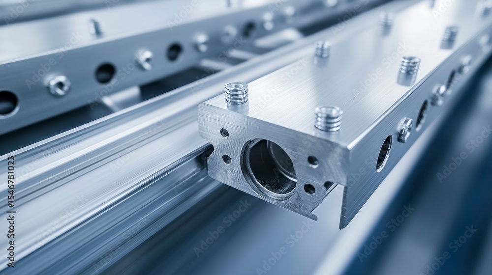 Poster close-up of precision-machined aluminum profiles with mounting holes and threaded inserts, ready for
