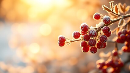 Frost covered Red Berries Glowing in Golden Sunlight with Soft Bokeh