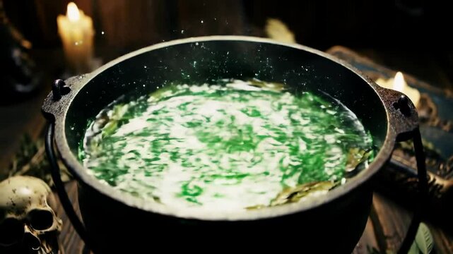 A bubbling green potion simmers in a black castiron cauldron set amidst candles a skull and old books