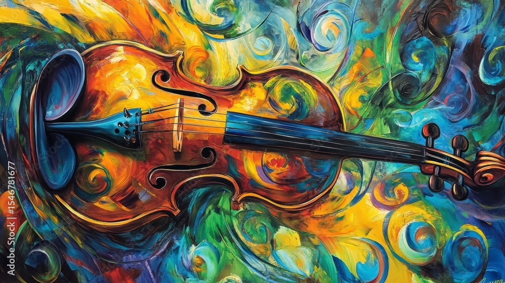 Poster vibrant abstract painting of a violin with swirling colors and patterns.
