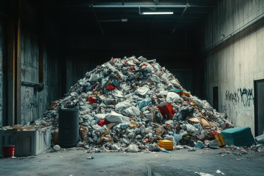 Large pile of trash fills a dark warehouse, showcasing urban waste management challenges, Large Pile Of Trash Moving Shot