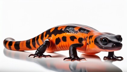 a vibrant orange and black salamander with a long spiky tail on a white background