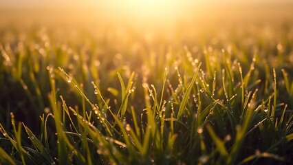 Wet Grass with Dewdrops in Sun