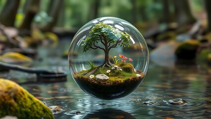A miniature green ecosystem with a tree and flowers in a crystal-clear floats in a peaceful forest stream.