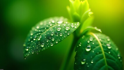 Macro perspective of fresh green leaves glistening with morning dew, each water droplet refracting golden sunlight