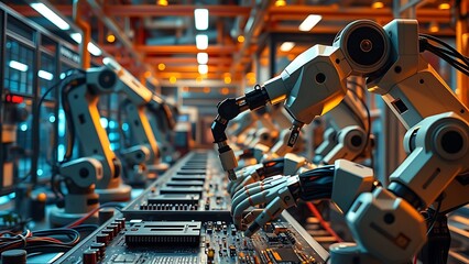 Robotic arms assembling electronic components in a glowing high-tech smart factory with futuristic lighting.
