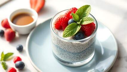 Close-Up of Vegan Chia Pudding with Fresh Fruits and Herbs