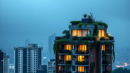 Urban city apartment covered in green lush rooftop and illuminated windows with raindrops