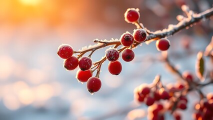 Frost covered Red Berries Glowing in Golden Sunlight with Soft Bokeh