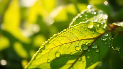 Macro perspective of fresh green leaves glistening with morning dew, each water droplet refracting golden sunlight