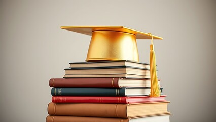 Stack of vintage books topped with a golden graduation cap symbolizing academic achievement and prestige.
