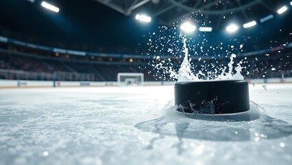 Gliding Black Puck on Frozen Rink Under Bright Stadium Lights