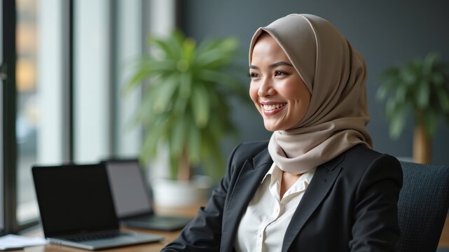 Young asian muslim business woman in smart casual wear discussing business and smiling while sitting in the creative coworking.
