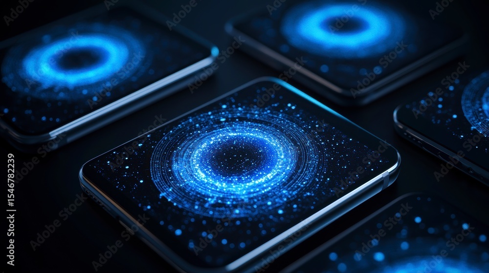 Poster glowing blue rings displayed on multiple screens.