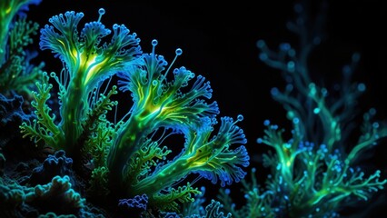 Bioluminescent Coral Polyps in Radiant Glow, Macro Background