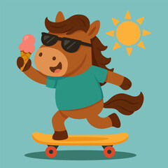 Cool cartoon horse riding a skateboard with melting ice cream in hand, wearing sunglasses on a sunny summer day, fun urban flat-style animal character illustration for kids and teens