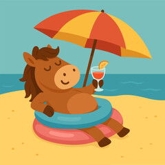 Relaxed cartoon horse sunbathing on the beach with a tropical cocktail, under a bright umbrella and floating rings, flat summer animal illustration with ocean background and chill vacation vibes