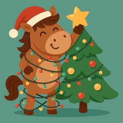 Funny cartoon horse tangled in Christmas lights while decorating a festive tree, wearing Santa hat and smiling in a cozy holiday scene, flat colorful winter illustration for kids and families