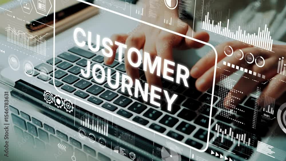 Poster engaging customer journey analysis with digital data visualization and keyboard interaction in busin