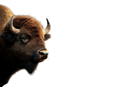 Bison head looking left in a detailed close-up portrait