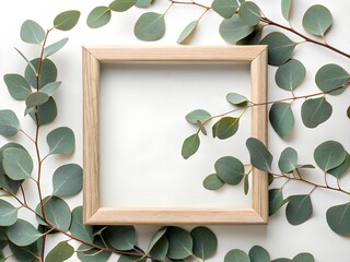 white background with eucalyptus frame branches on left and right sides, soft natural light, top view, photorealistic