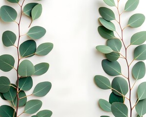 white background with eucalyptus frame branches on left and right sides, soft natural light, top view, photorealistic