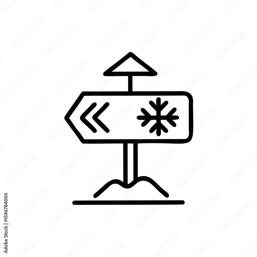 Poster line drawing snowflake signpost winter direction arrow left hadmade vector