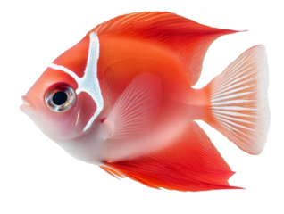 Red angelfish swims against a transparent background in a studio shot