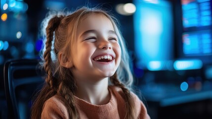 Obraz premium A joyful young girl shares a genuine laugh, surrounded by a captivating digital environment, embodying innocence and happiness in the modern tech-savvy world.