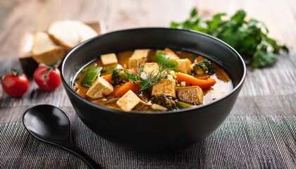 vibrant vegan soup with tofu and fresh vegetables served in a black bowl on a rustic surface with aromatic herbs and spices for a comforting meal