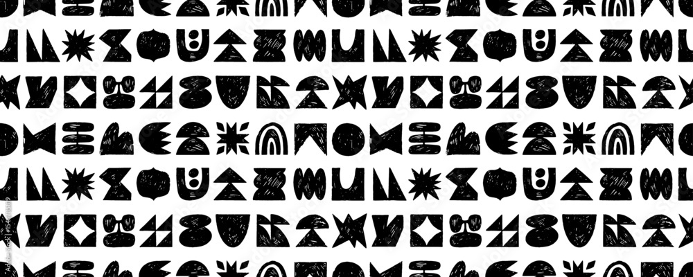 Poster graphic brutal shapes seamless pattern. crayon drawn funky forms and figures background. hand drawn 