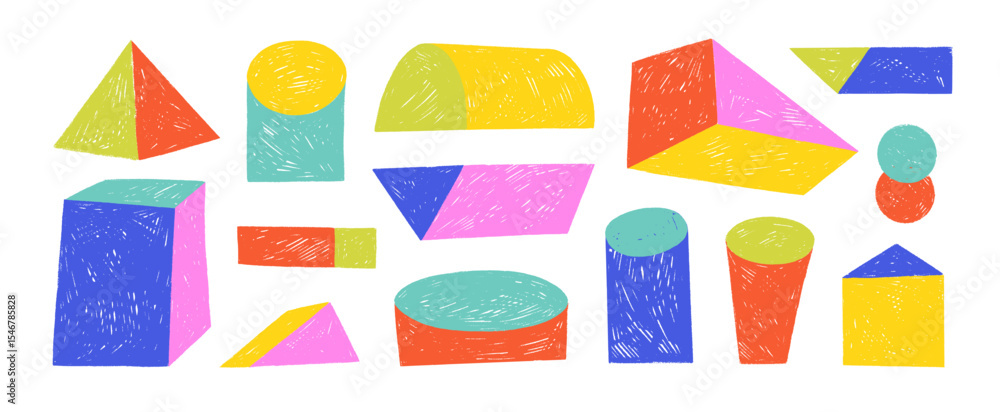 Poster funky abstract isometric geometric shapes and forms. crayon drawn playful 3d figures. set of isometr