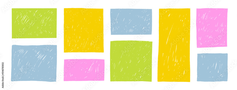 Poster Crayon drawn colorful grunge rectangles and squares with rough edges. Childish text boxes, empty speech bubbles.