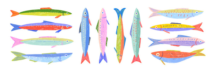 Fototapeta na wymiar Colorful funky crayon drawn decorative sardines. Cartoon stickers of fish. Bright doodle illustration with pencil cute texture. Kid drawn sardine, tuna, salmon, mackerel. Playful portugal fish.