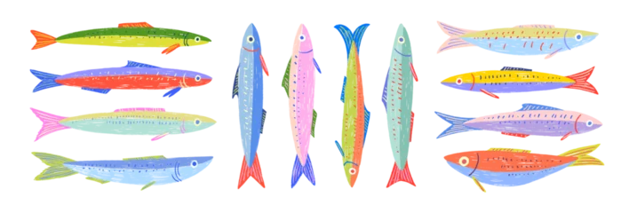 Fototapeten Colorful funky crayon drawn decorative sardines. Cartoon stickers of fish. Bright doodle illustration with pencil cute texture. Kid drawn sardine, tuna, salmon, mackerel. Playful portugal fish. © Anastasiia Hevko