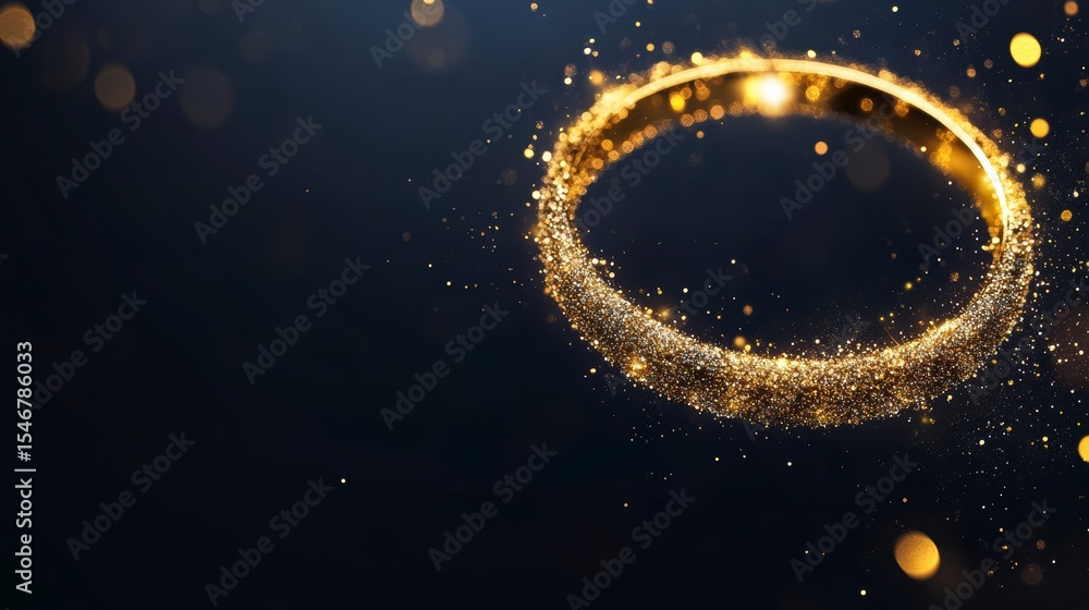 Poster glittering golden circle with sparkles on dark background.