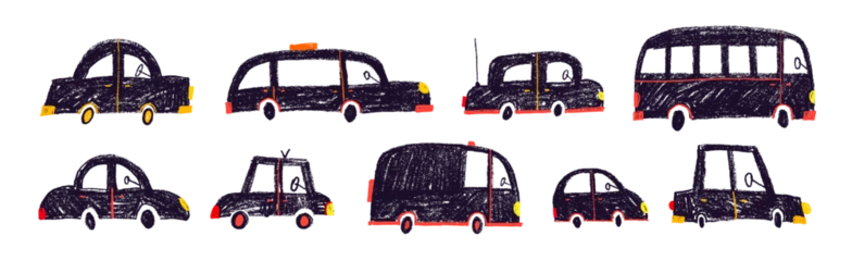 Fotobehang Auto Crayon drawn naive funky kid cars collection. Graphic sketch childish pencil drawn elements. Vector black ink illustration. Cute childish cars. Vector kid cute doodle set. Crayon cartoon transports.  © Anastasiia Hevko