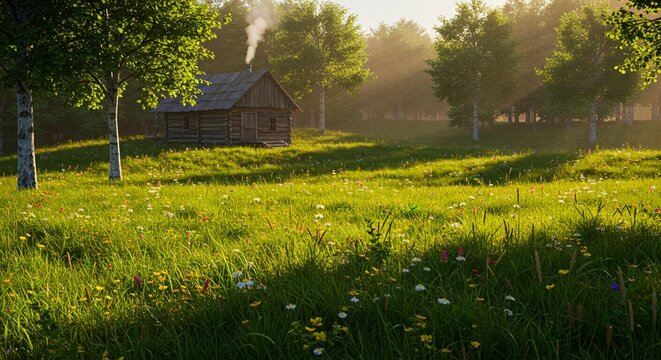 Scenic summer meadow with rustic log cabin and trees 3d art calm mist grass green white rural woods