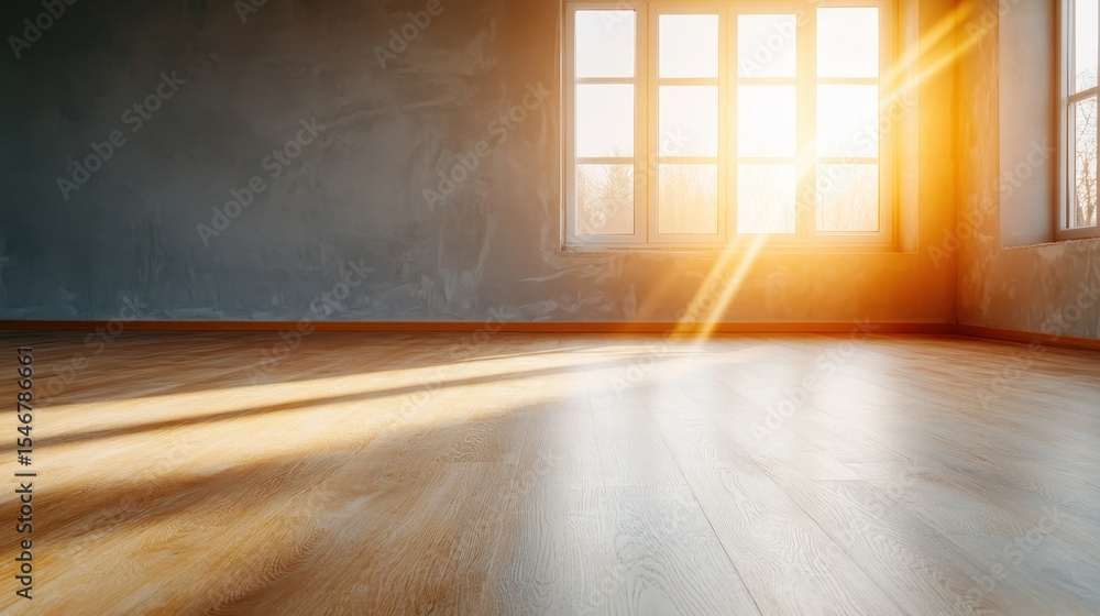 Poster this image captures sunlight streaming into a minimalistic room with a warm wooden floor, creating a