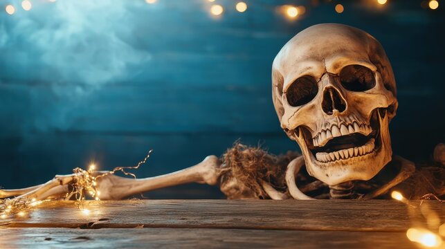 A skeleton adorned with twinkling lights conveys a playful and eerie charm, highlighting the blend of festivities and spookiness in a whimsical style.