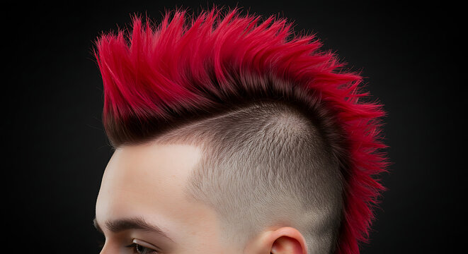 Isolated undercut with mohawk top, stiff spikes dyed red, shown in front-facing neutral view.