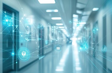 Fototapeta premium Blurred hospital corridor overlaid with glowing, interconnected data icons