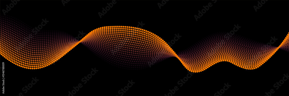 Poster flowing dots particles wave pattern orange isolated on black background. vector in concept of techno
