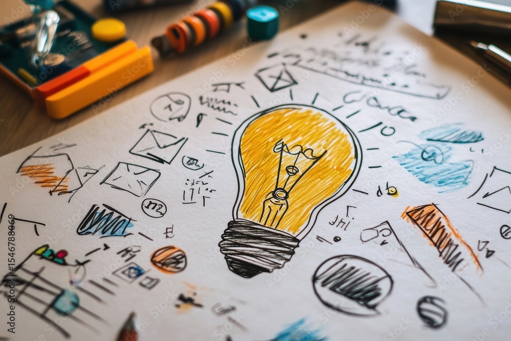 Poster creative brainstorming with sketches of lightbulb and ideas on paper during a collaborative session,