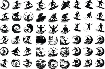 Surfing Pose Silhouette Collection – Beach Wave Rider Icons Surfer Riding Wave Icon Silhouette Set – Ocean Surf Vector Design