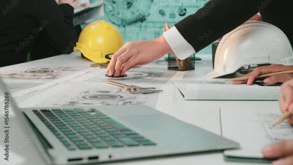 Poster engineers collaborate over technical plans at a modern workspace. hard hats and tools are present, s