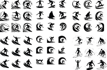 Surfing Pose Silhouette Collection – Beach Wave Rider Icons Surfer Riding Wave Icon Silhouette Set – Ocean Surf Vector Design