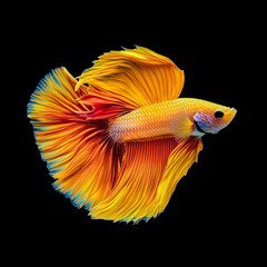The beautiful moving moment of yellow half moon siamese betta fish or dumbo betta splendens fighting fish in thailand on isolated black background. Thailand called Pla-kad or big ear fish