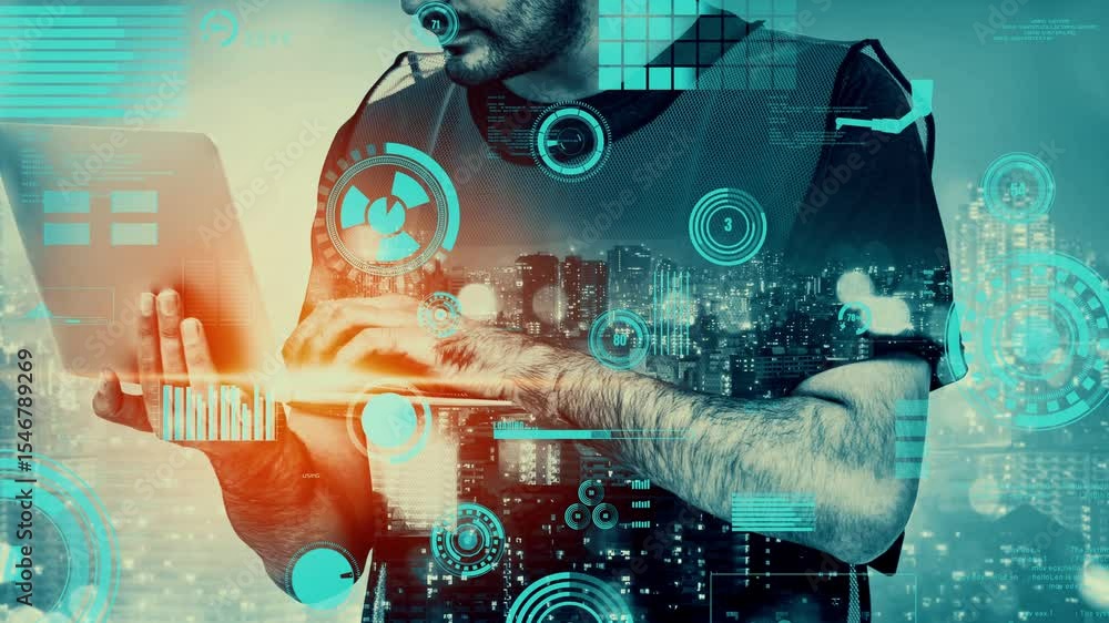 Poster future building construction and inventive engineering project concept with hud hologram graphic des