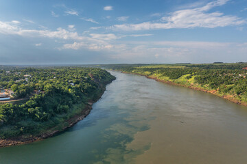 Fototapeta premium Aerial view of the Iguazu river between Argentina and Brazil.